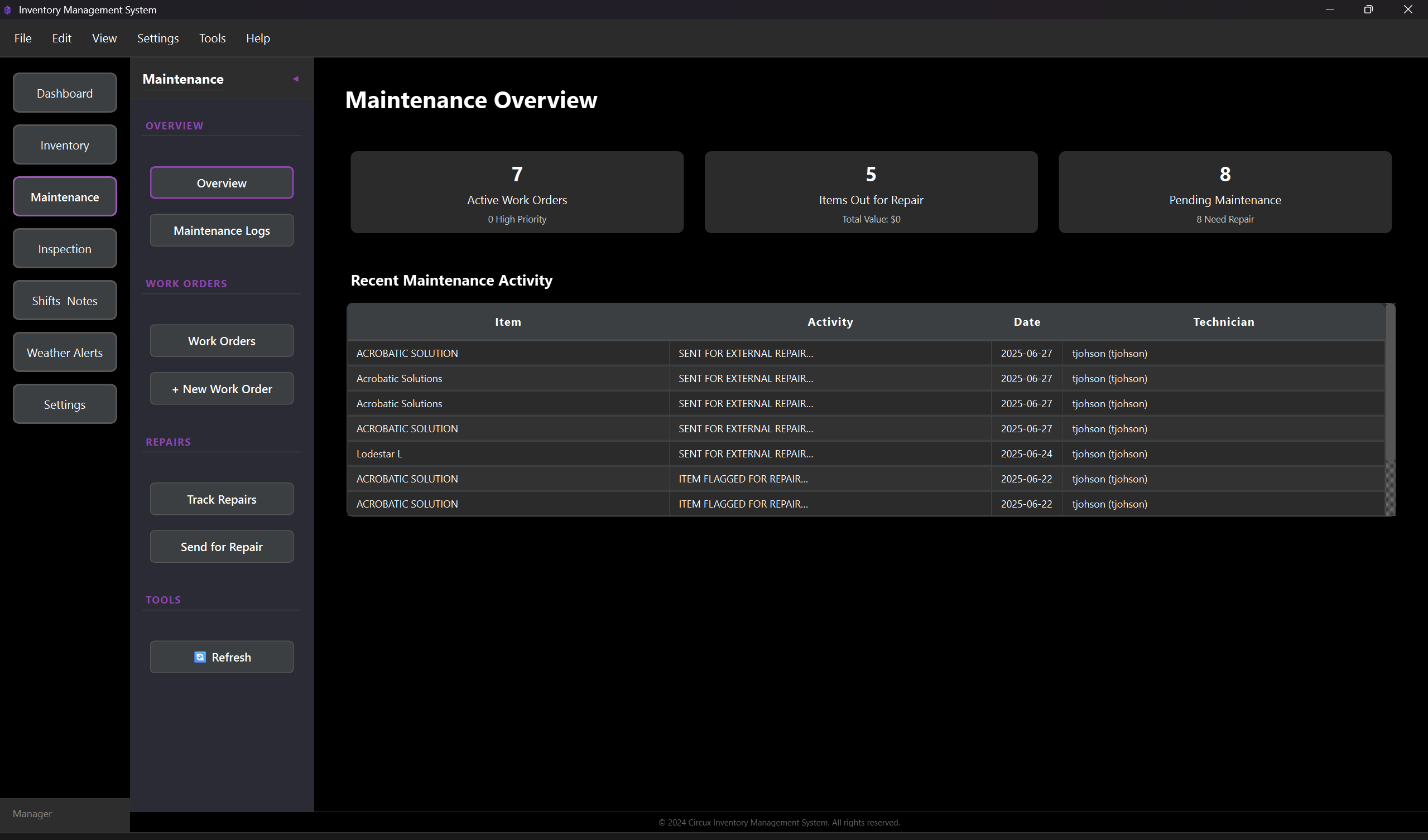 Maintenance & Compliance Screenshot